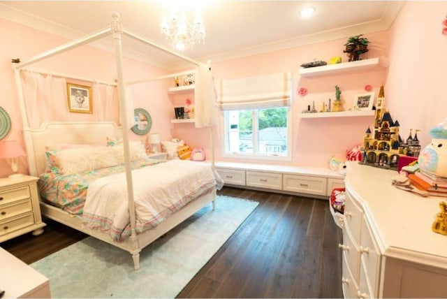 bedroom featuring crown molding, recessed lighting, dark wood-style flooring, and a notable chandelier