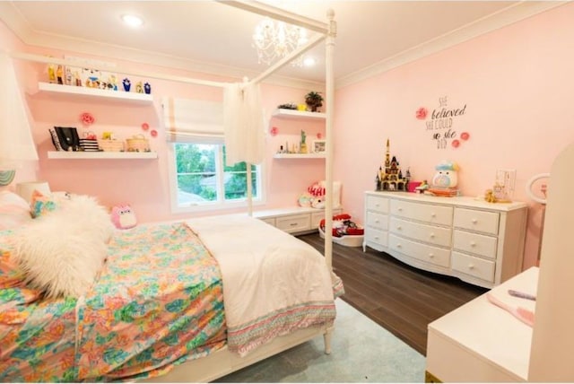 bedroom with crown molding, recessed lighting, a notable chandelier, and dark wood-style floors