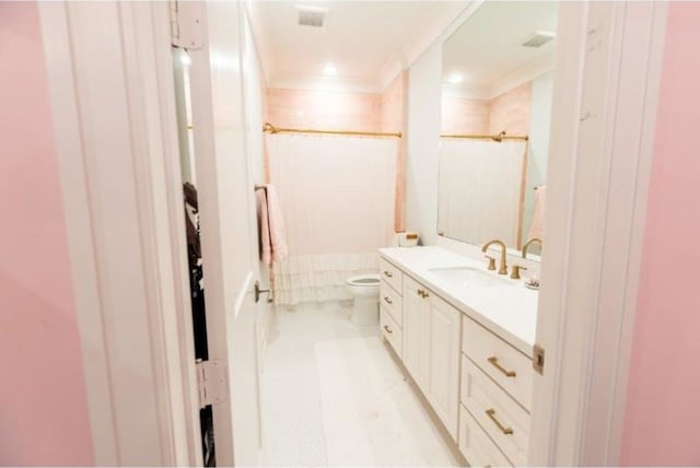full bathroom featuring crown molding, visible vents, vanity, toilet, and walk in shower