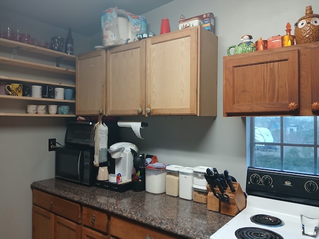 kitchen featuring open shelves, electric range oven, and black microwave