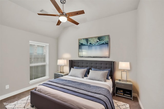8106 Triumph Bend Way, Magnolia, TX 77354 - carpeted bedroom with baseboards, a ceiling fan, vaulted ceiling, and visible vents