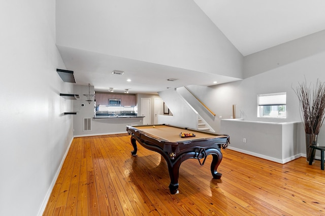 playroom featuring baseboards, billiards, visible vents, and light wood-type flooring
