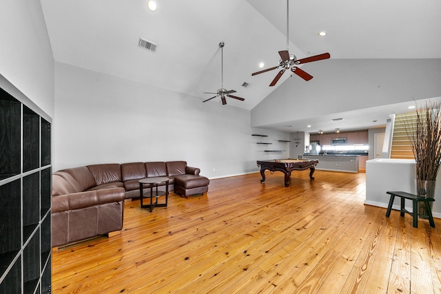 living room featuring visible vents, high vaulted ceiling, recessed lighting, pool table, and light wood finished floors