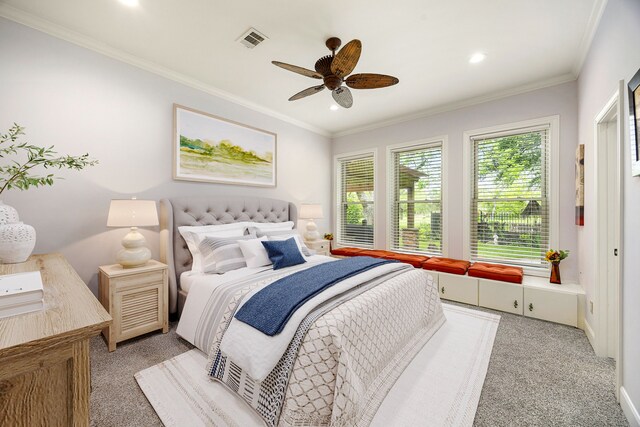 bedroom with crown molding, light carpet, recessed lighting, and visible vents