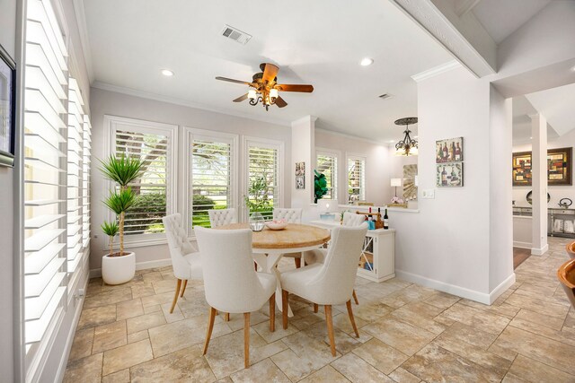 dining room featuring baseboards, a ceiling fan, recessed lighting, and visible vents