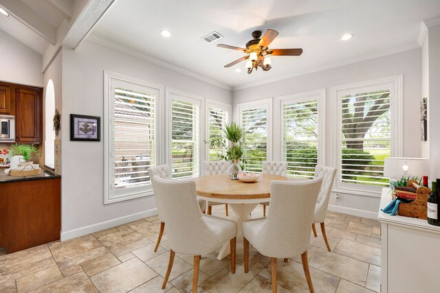 dining room featuring baseboards, a ceiling fan, recessed lighting, and visible vents