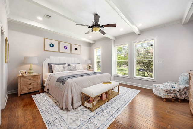bedroom with visible vents, baseboards, dark wood-type flooring, and beamed ceiling