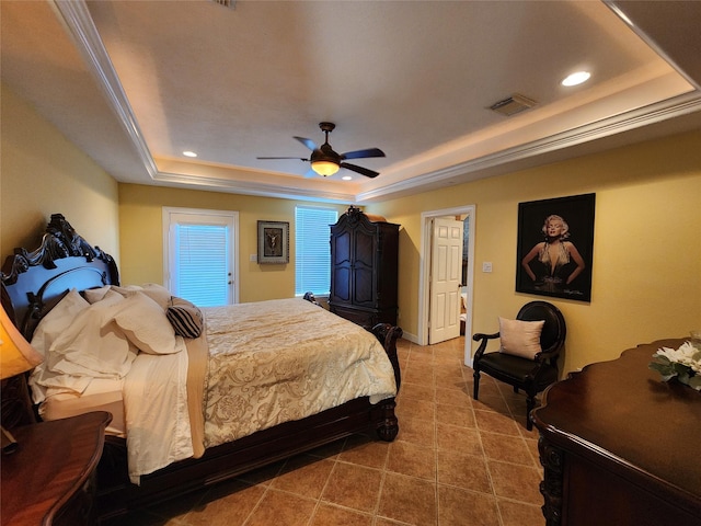 231 Key Largo Loop, Point Blank, TX 77364 - tiled bedroom featuring a raised ceiling, recessed lighting, a ceiling fan, baseboards, and visible vents