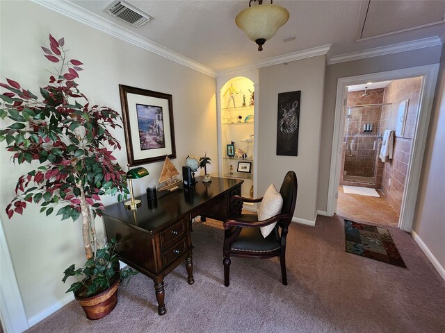 231 Key Largo Loop, Point Blank, TX 77364 - office with crown molding, baseboards, visible vents, and carpet