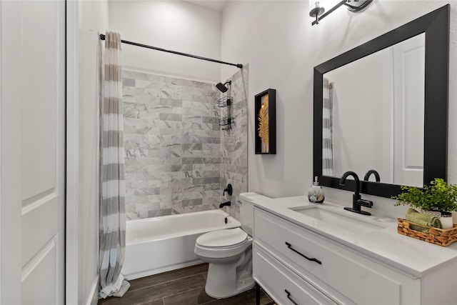 full bathroom featuring vanity, toilet, shower / bathtub combination with curtain, and wood finished floors