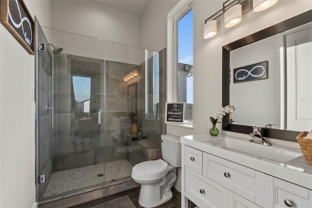 full bath with vanity, toilet, and a stall shower