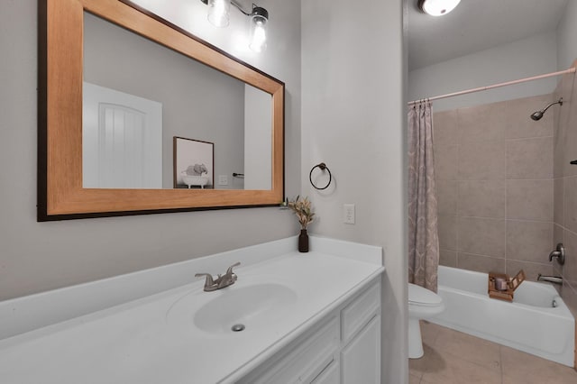 bathroom featuring toilet, shower / tub combo, tile patterned flooring, and vanity