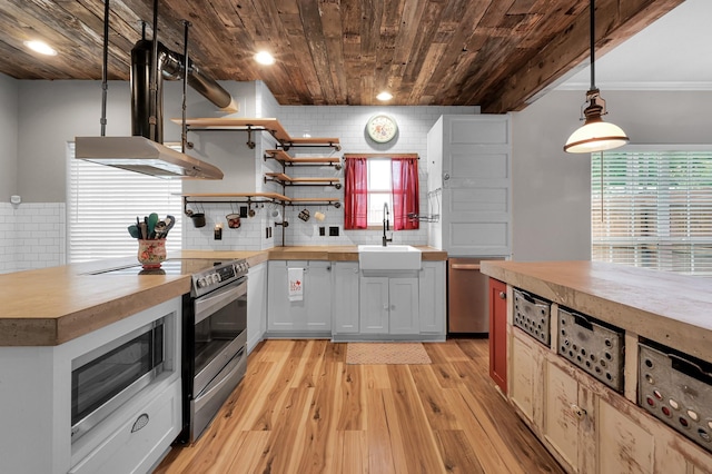 kitchen featuring wooden ceiling, stainless steel appliances, wooden counters, and a sink