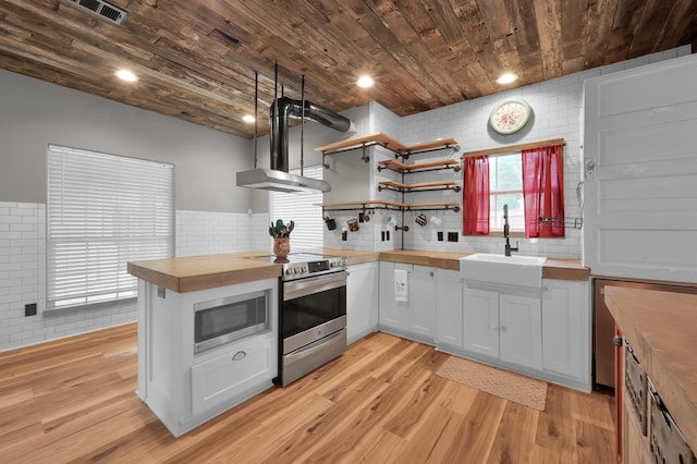 kitchen featuring a sink, appliances with stainless steel finishes, wooden ceiling, and butcher block counters