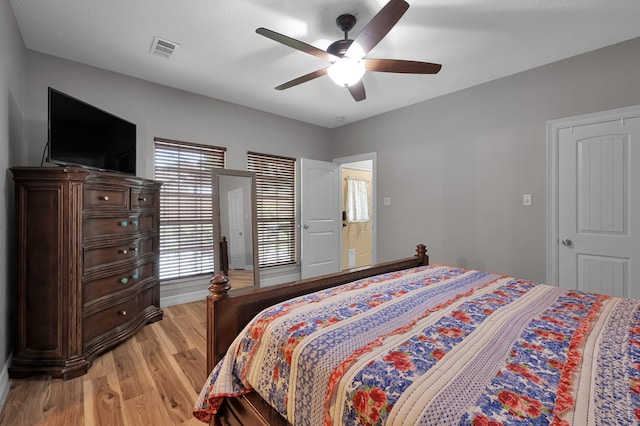 bedroom featuring visible vents, light wood finished floors, and ceiling fan