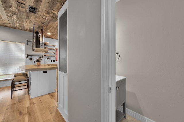bathroom featuring visible vents, wooden ceiling, wood finished floors, and vanity