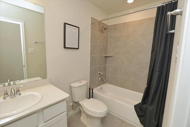 bathroom with vanity, tile patterned flooring, toilet, and shower / tub combo with curtain