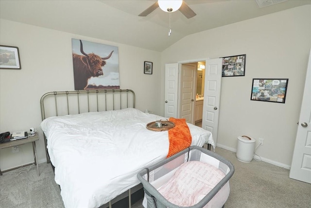carpeted bedroom with baseboards, a ceiling fan, and lofted ceiling