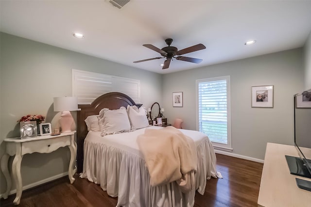 bedroom with visible vents, baseboards, dark wood-style floors, recessed lighting, and a ceiling fan