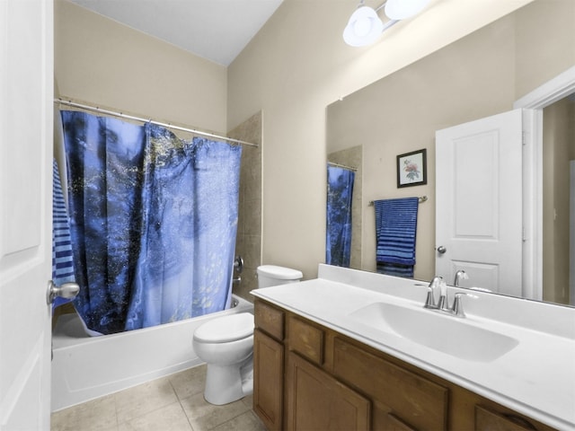 full bath with vanity, toilet, shower / bathtub combination with curtain, and tile patterned floors
