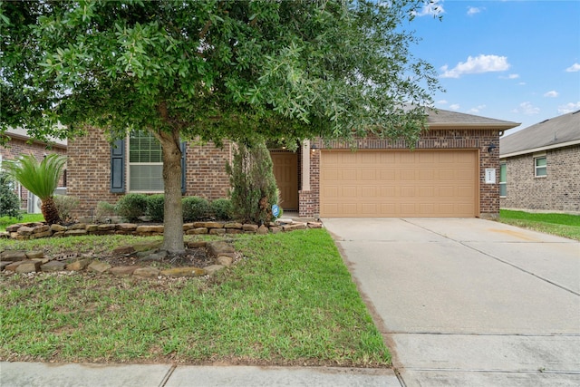 view of property hidden behind natural elements with concrete driveway, brick siding, and a garage