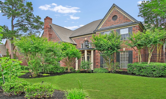7711 Oxfordshire Dr, Spring, TX 77379 - view of front facade with brick siding, a chimney, a shingled roof, and a front yard