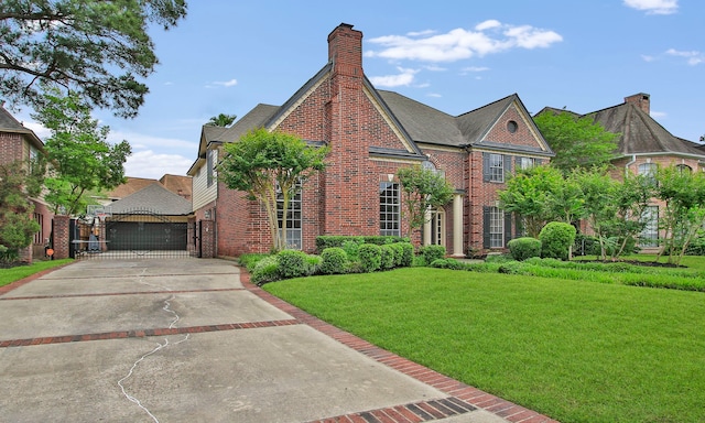 7711 Oxfordshire Dr, Spring, TX 77379 - view of front of property featuring fence, a front yard, a chimney, brick siding, and a gate