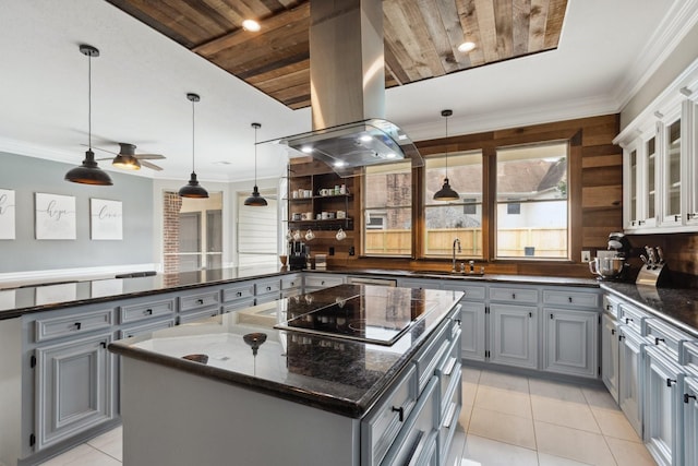 7711 Oxfordshire Dr, Spring, TX 77379 - kitchen with a sink, open shelves, gray cabinetry, and black electric stovetop