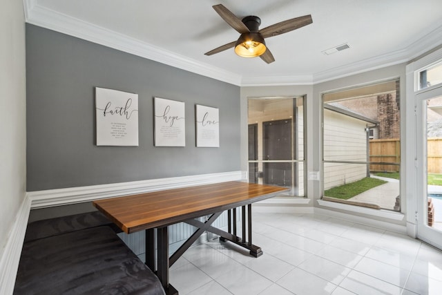7711 Oxfordshire Dr, Spring, TX 77379 - tiled office featuring crown molding, ceiling fan, and visible vents