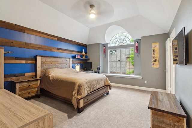 7711 Oxfordshire Dr, Spring, TX 77379 - carpeted bedroom with baseboards, ceiling fan, and lofted ceiling