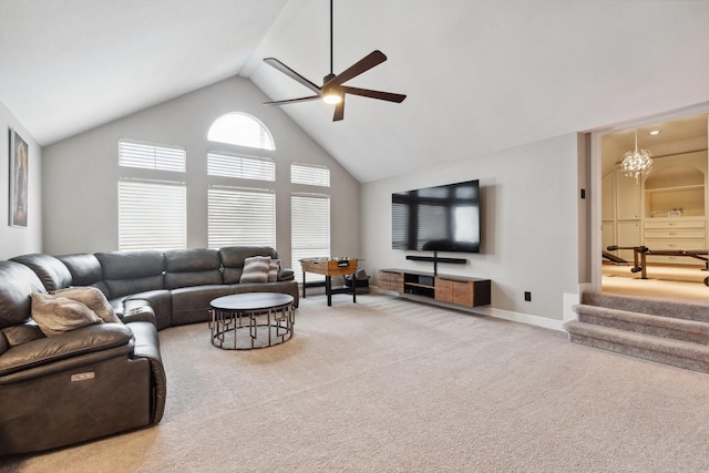 7711 Oxfordshire Dr, Spring, TX 77379 - carpeted living room with high vaulted ceiling and ceiling fan