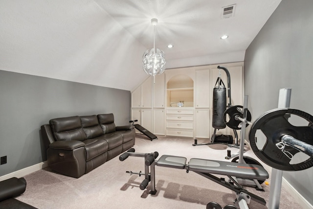 7711 Oxfordshire Dr, Spring, TX 77379 - exercise room featuring light colored carpet, baseboards, visible vents, and recessed lighting