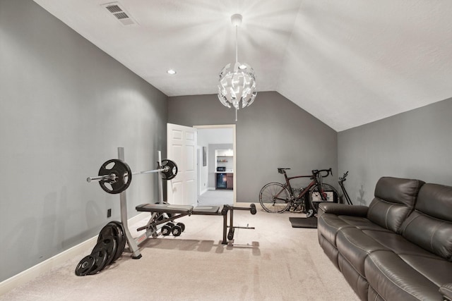 7711 Oxfordshire Dr, Spring, TX 77379 - exercise area featuring carpet floors, baseboards, and vaulted ceiling