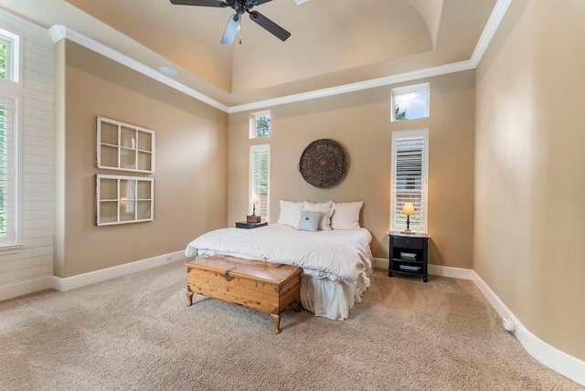 carpeted bedroom featuring crown molding, a raised ceiling, and baseboards