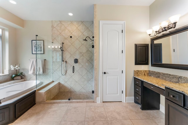 bathroom featuring a garden tub, tile patterned flooring, a stall shower, vanity, and recessed lighting
