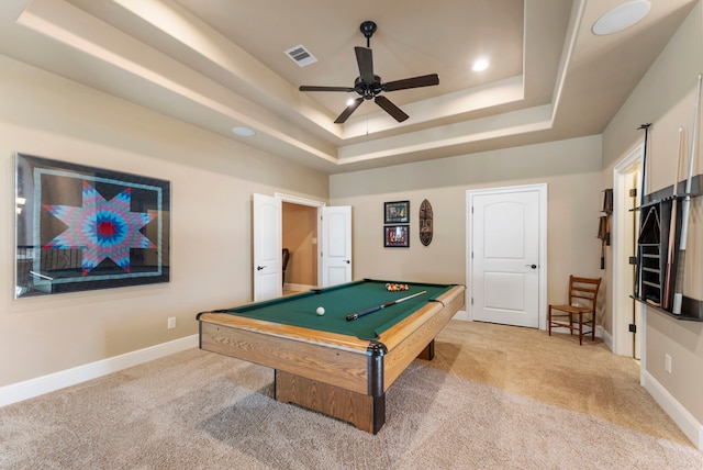 rec room featuring billiards, a ceiling fan, visible vents, a raised ceiling, and light carpet