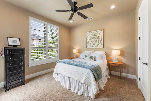 bedroom with recessed lighting, baseboards, visible vents, and carpet