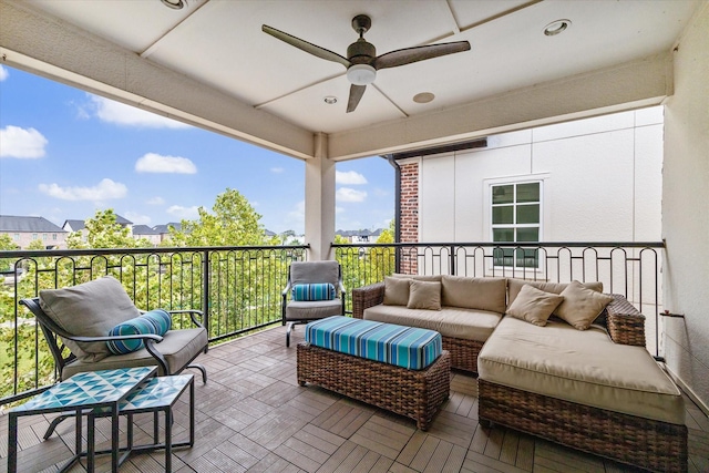 balcony featuring ceiling fan and outdoor lounge area