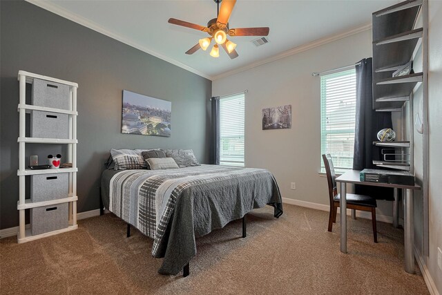 bedroom with carpet floors, ornamental molding, multiple windows, and visible vents