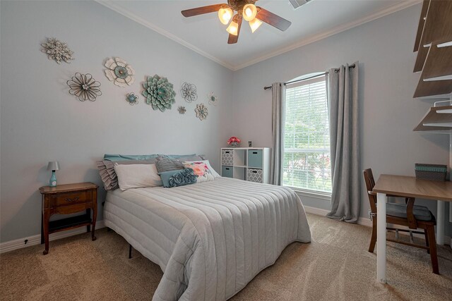 bedroom featuring ceiling fan, light carpet, baseboards, visible vents, and ornamental molding