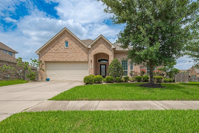 view of front of house with brick siding, fence, driveway, and a front yard
