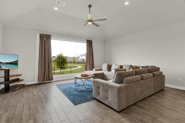 18331 Yaupon Bough Ln, Tomball, TX 77377 - living room featuring visible vents, ceiling fan, lofted ceiling, and wood finished floors