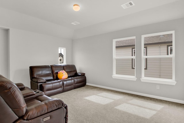 18331 Yaupon Bough Ln, Tomball, TX 77377 - living room with baseboards, carpet, vaulted ceiling, and visible vents
