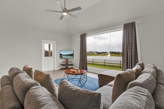 18331 Yaupon Bough Ln, Tomball, TX 77377 - living room featuring high vaulted ceiling, ceiling fan, baseboards, and wood finished floors