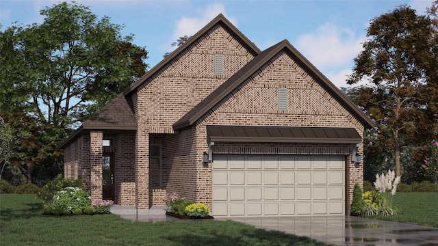 view of front of property with a garage, driveway, a front lawn, and brick siding