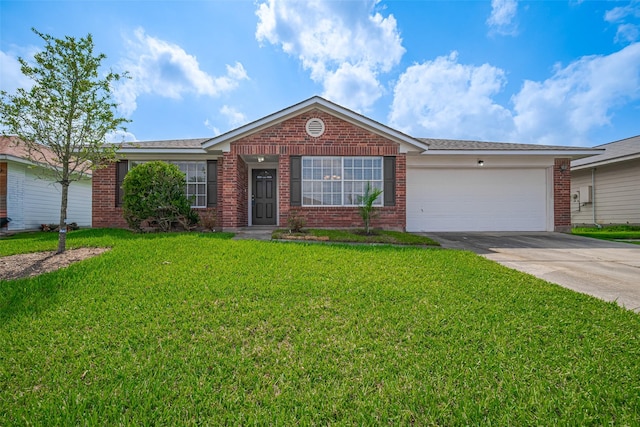 ranch-style house with brick siding, a front lawn, an attached garage, and driveway
