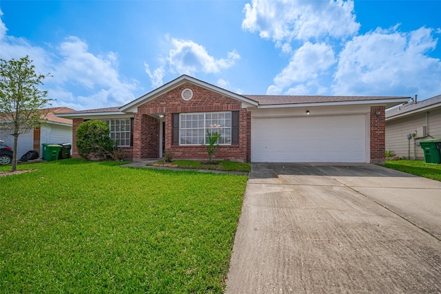 ranch-style house with a garage, driveway, a front lawn, and brick siding