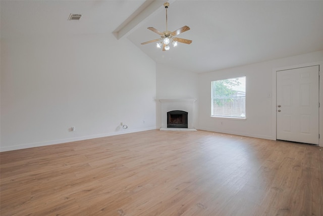 unfurnished living room with ceiling fan, a fireplace with raised hearth, baseboards, light wood-type flooring, and visible vents