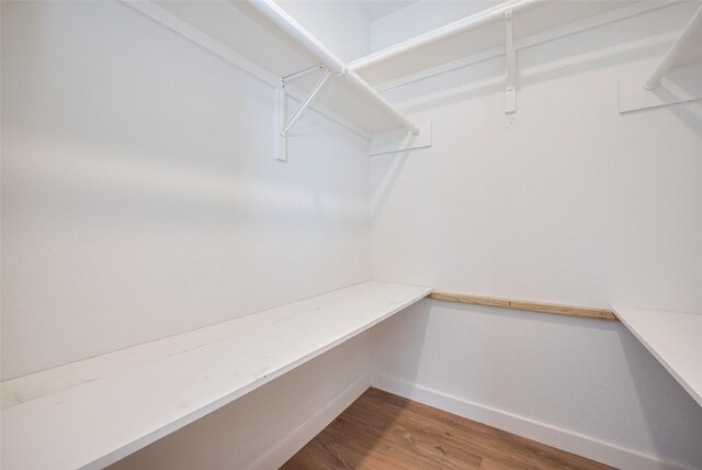 walk in closet with built in desk and wood finished floors