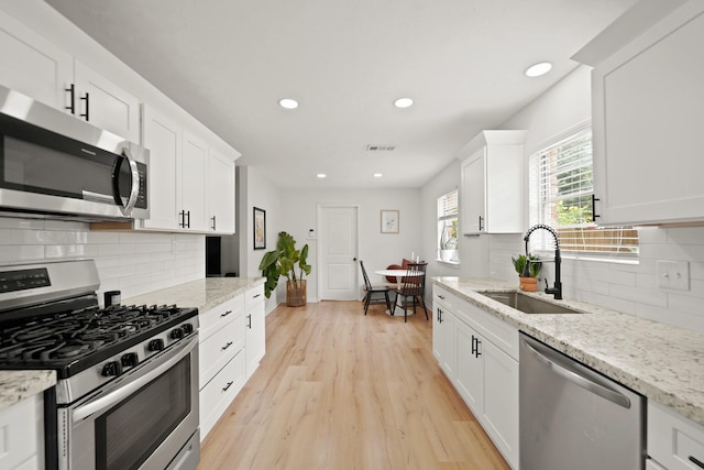 kitchen featuring a sink, appliances with stainless steel finishes, white cabinets, and backsplash